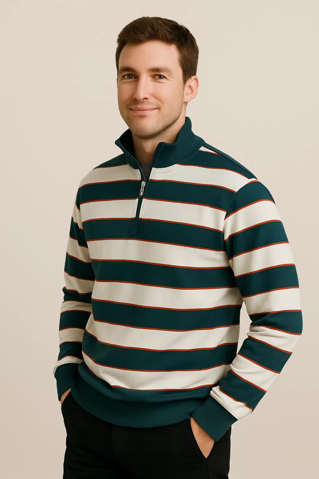 Regular Fit Yarım Fermuarlı Dik Yaka Bloklu Basic Sweatshirt