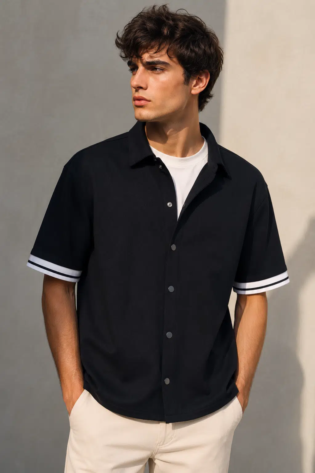 Erkek Siyah Oversize Çıtçıtlı Kısa Kollu Gömlek Ceket Premium Casual Gömlek