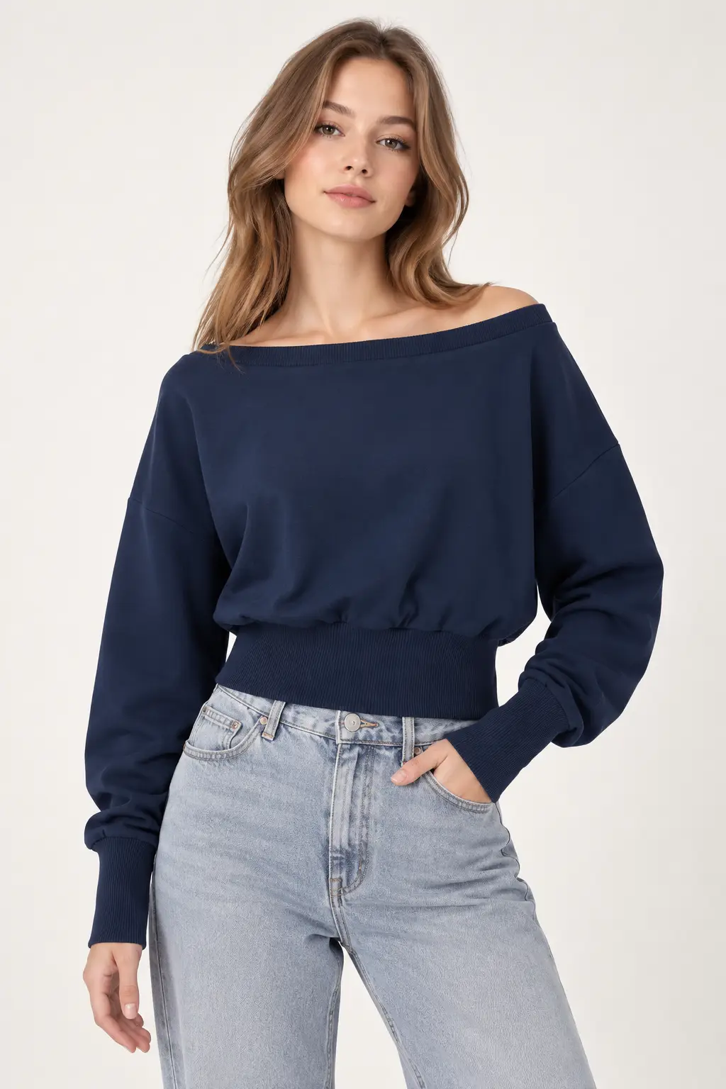 Kadın Kayık Yaka Crop Sweatshirt Geniş Yaka Kaşkorse Bel ve Kol Lastikli Uzun Kollu Sweat
