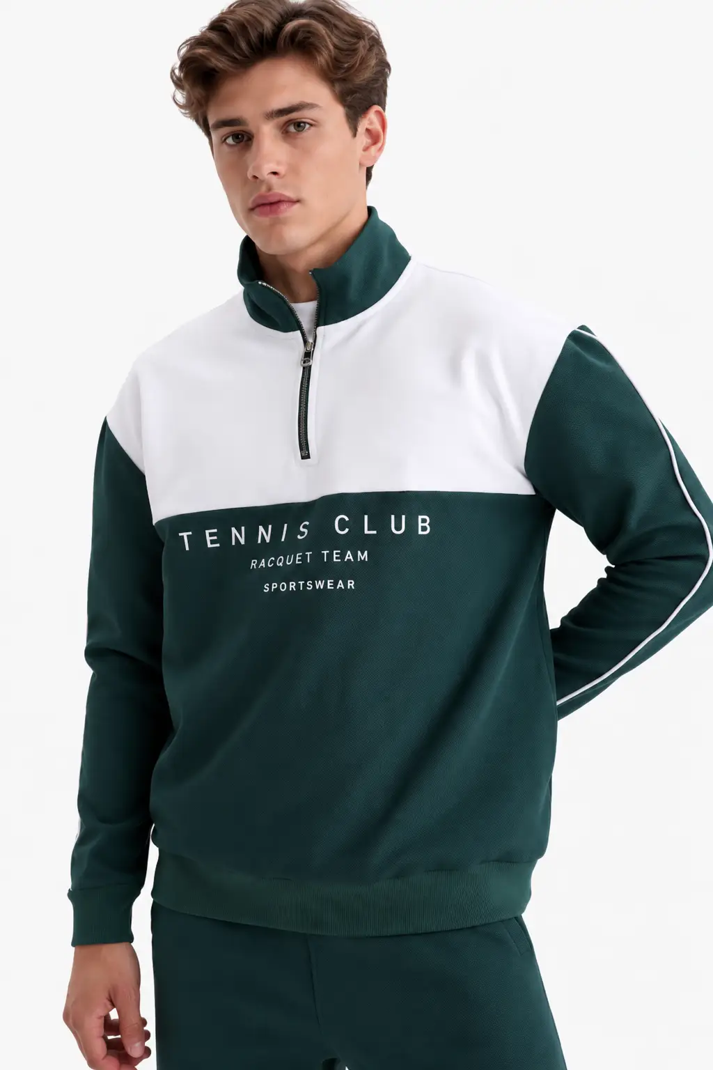 Boxy Fit Gömlek Yaka Sporcu Erkek Sweatshirt - Yeşil