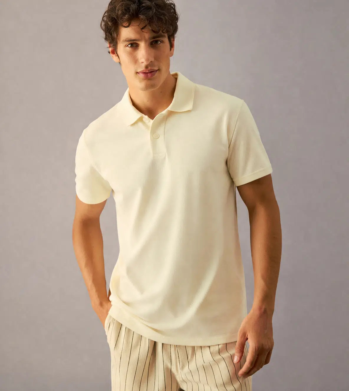  Erkek %100 Pamuk Kısa Kollu Regular Fit Polo Yaka T-shirt - Ekru