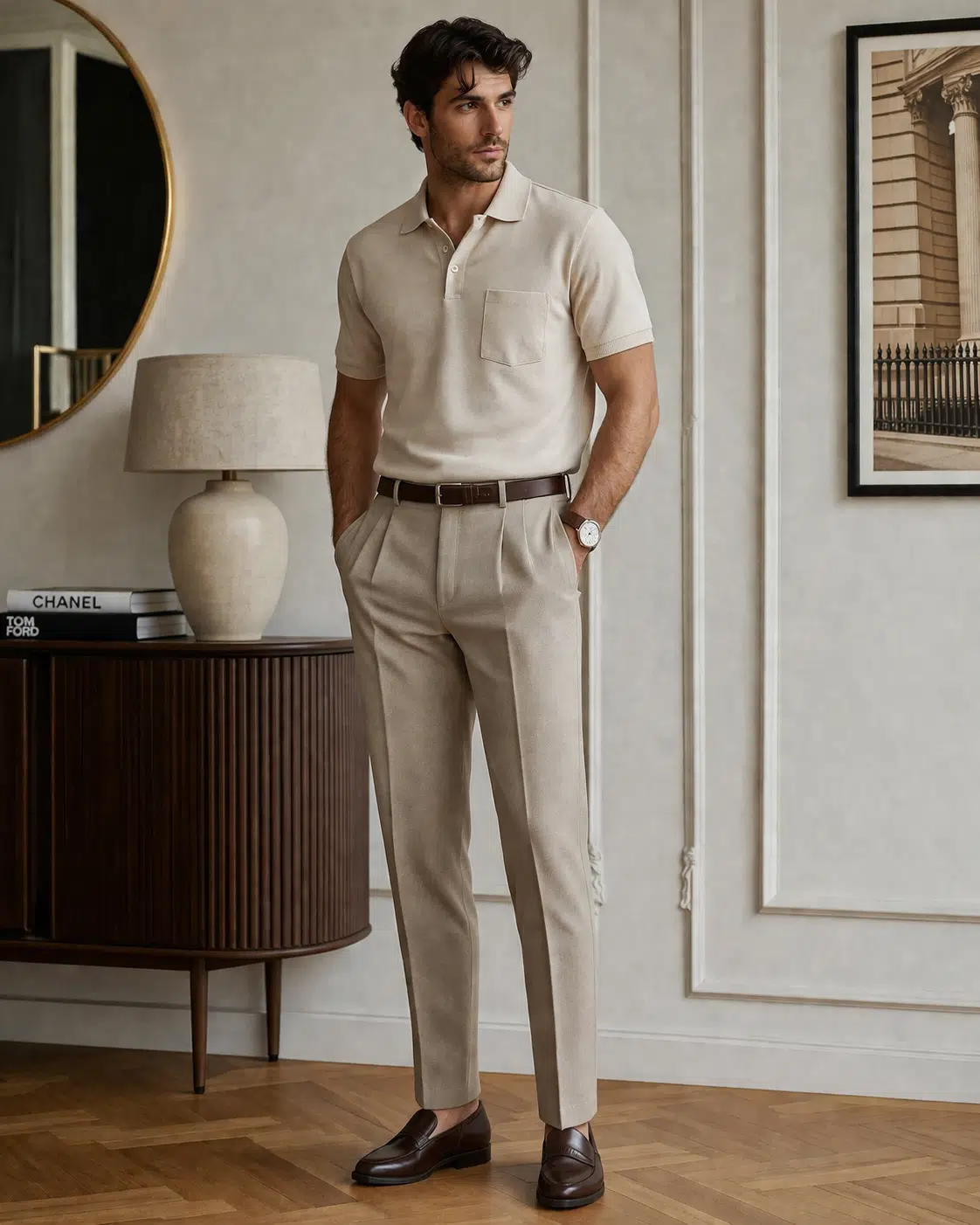  Erkek %100 Pamuk Kısa Kollu Regular Fit Polo Yaka T-shirt - Bej