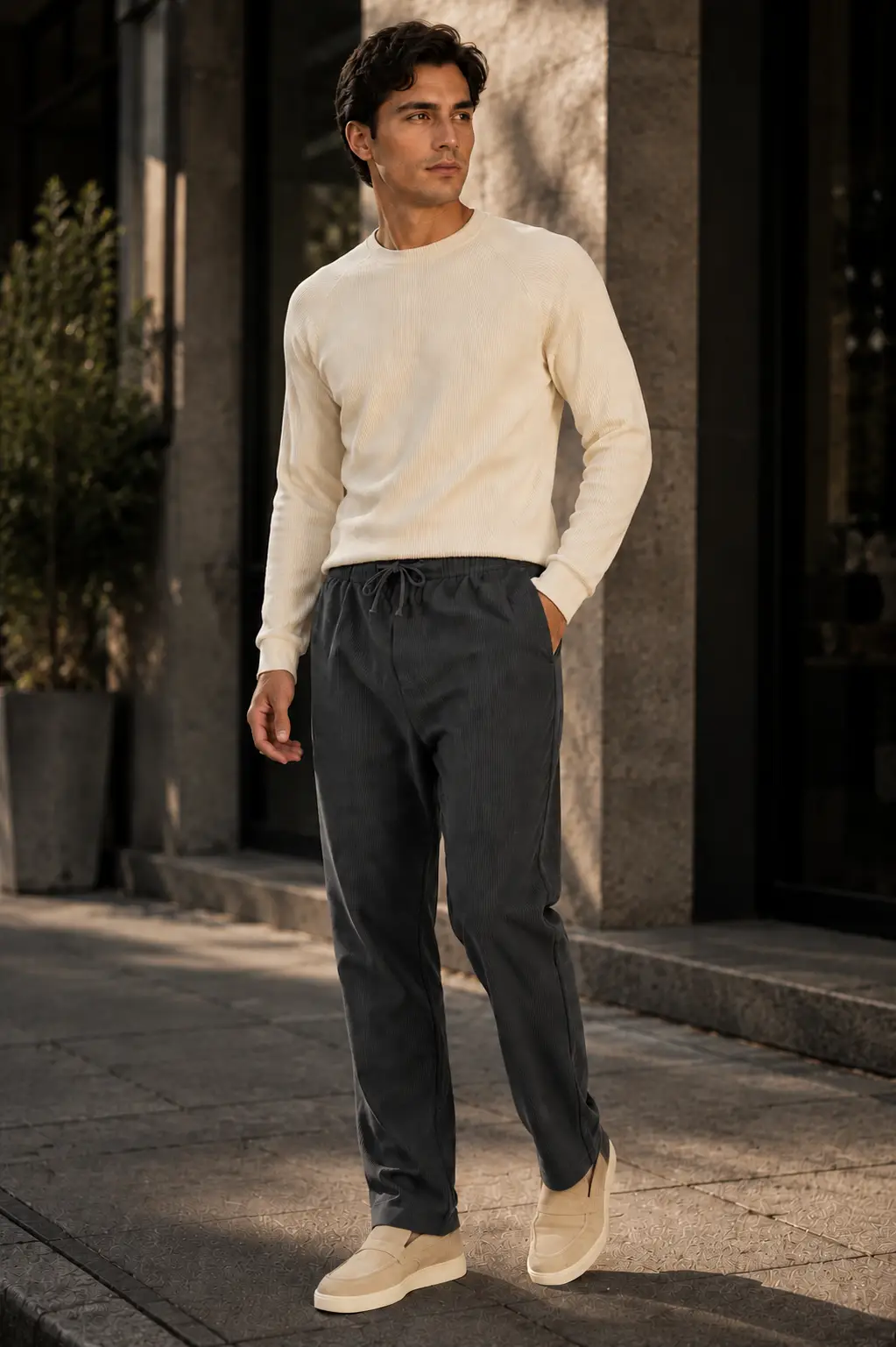 Erkek Beli Lastikli Dokulu Kumaş Regular Fit Günlük Mevsimlik Pantolon