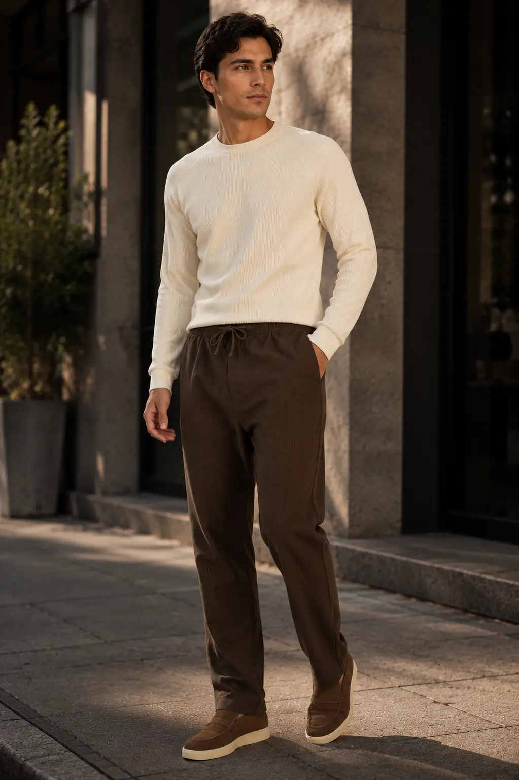 Erkek Beli Lastikli Dokulu Kumaş Regular Fit Günlük Mevsimlik Pantolon - Kahverengi