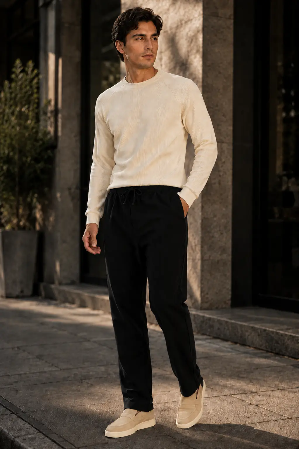 Erkek Beli Lastikli Dokulu Kumaş Regular Fit Günlük Mevsimlik Pantolon - Siyah