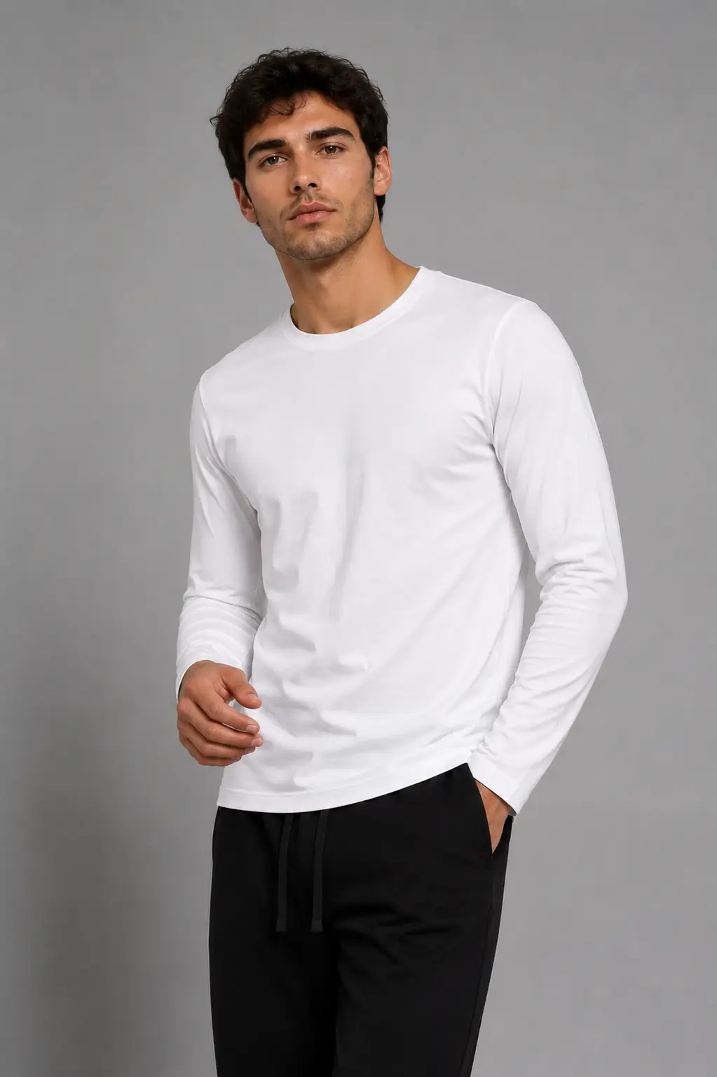 Erkek Beyaz Bisiklet Yaka Uzun Kollu Basic T-Shirt Günlük Rahat Kullanım