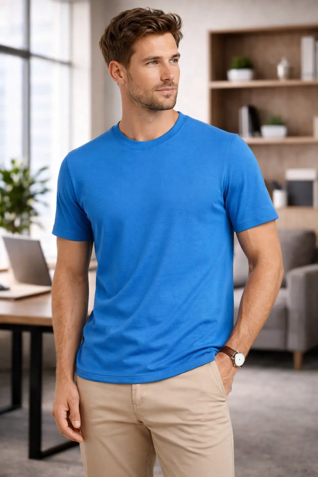 Erkek Bİsiklet Yaka Diegonel İnterlok Kumaş Basic T-shirt - Mavi