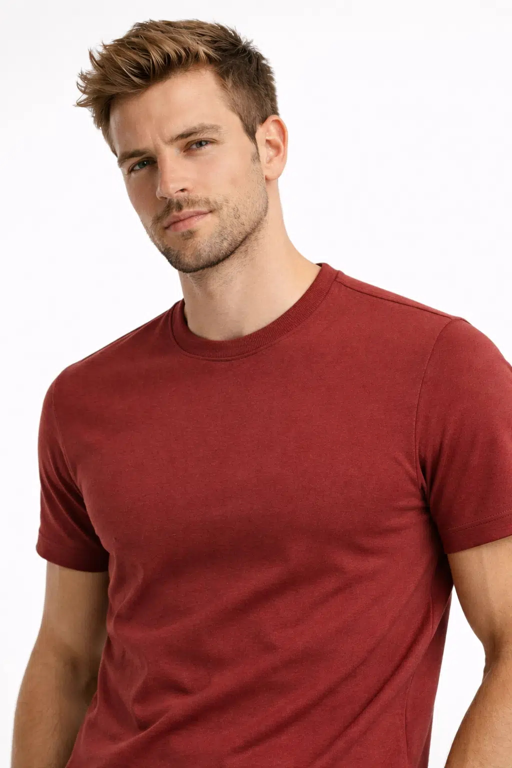 Erkek Bİsiklet Yaka Diegonel İnterlok Kumaş Basic T-shirt - Kırmızı