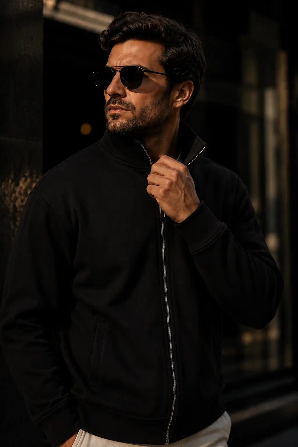 Erkek Dik Yaka Fermuarlı Hırka Günlük Basic Rahat Kalıp Uzun Kollu Sweatshirt - Siyah