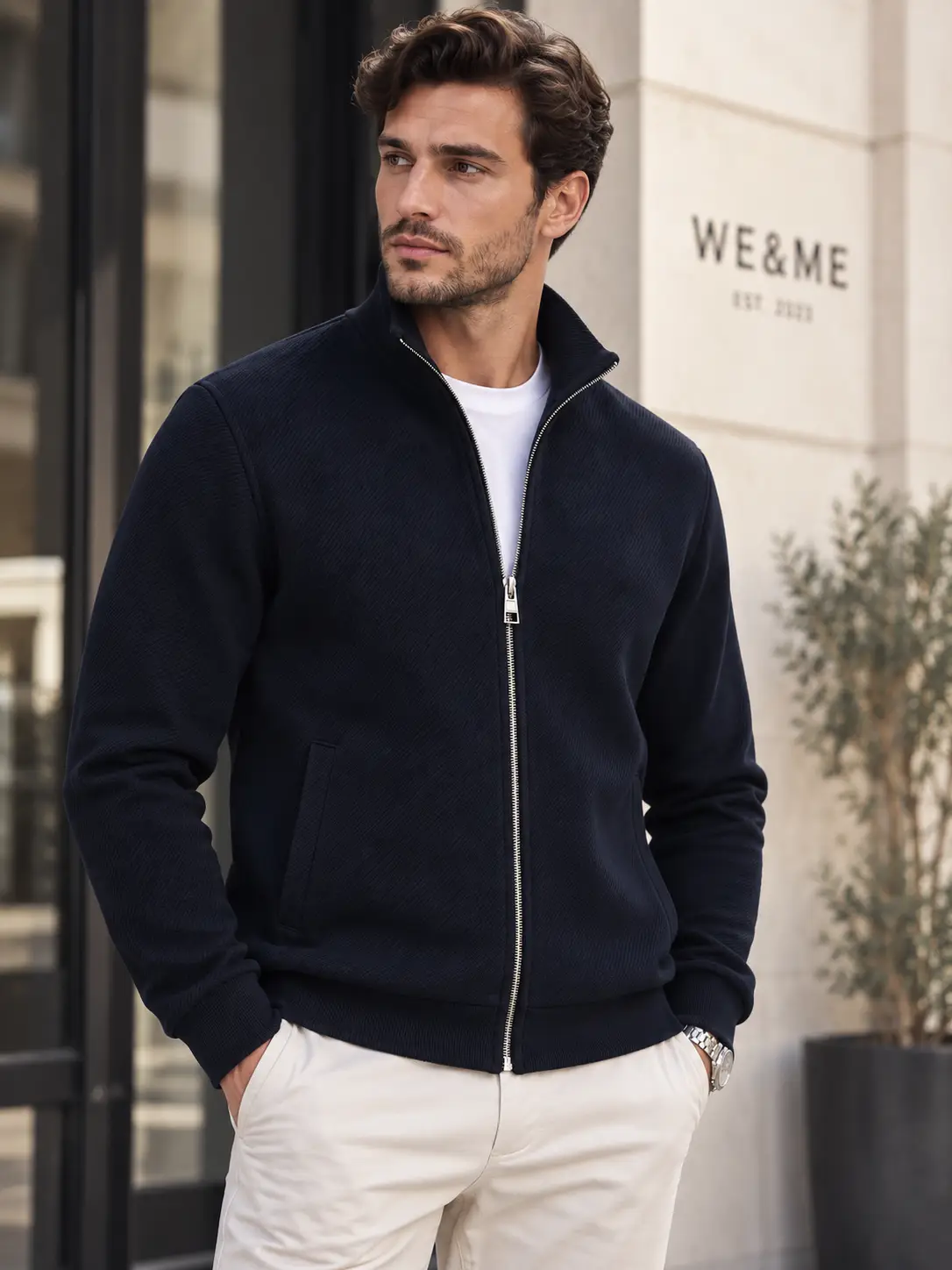 Erkek Dik Yaka Fermuarlı Hırka Günlük Basic Rahat Kalıp Uzun Kollu Sweatshirt - Lacivert