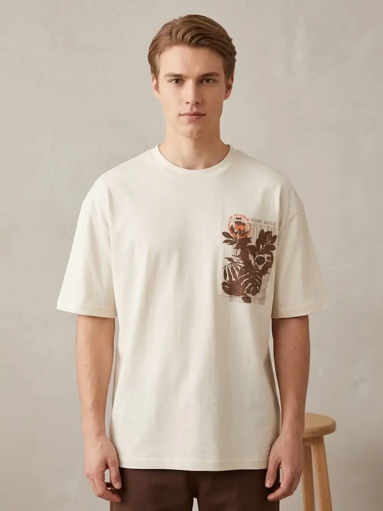 Erkek Ekru Oversize Tişört Çiçek Baskılı Bisiklet Yaka Kısa Kollu Günlük Rahat Kesim T-Shirt