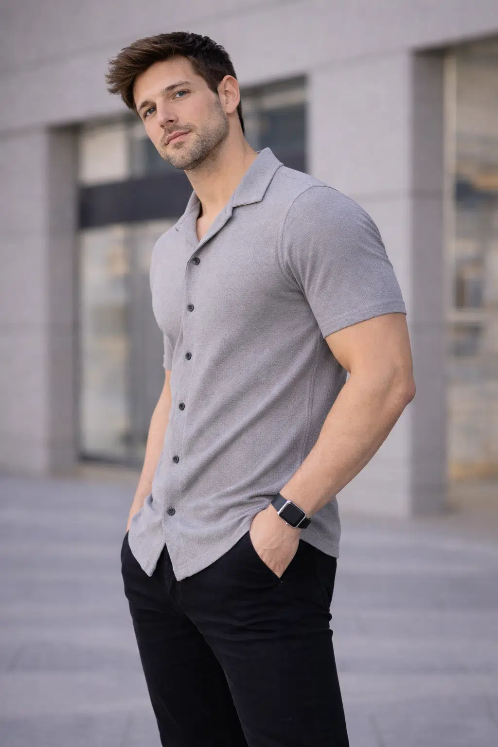 Erkek Kısa Kollu Polo Yaka Düğmeli Gömlek Slim Fit Günlük Triko Üst - Gri