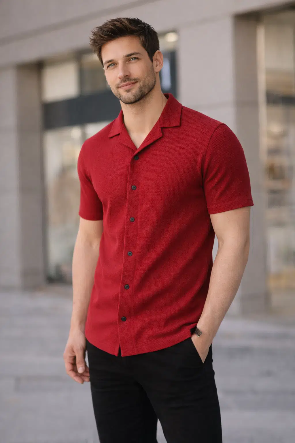 Erkek Kısa Kollu Polo Yaka Düğmeli Gömlek Slim Fit Günlük Triko Üst - Kırmızı