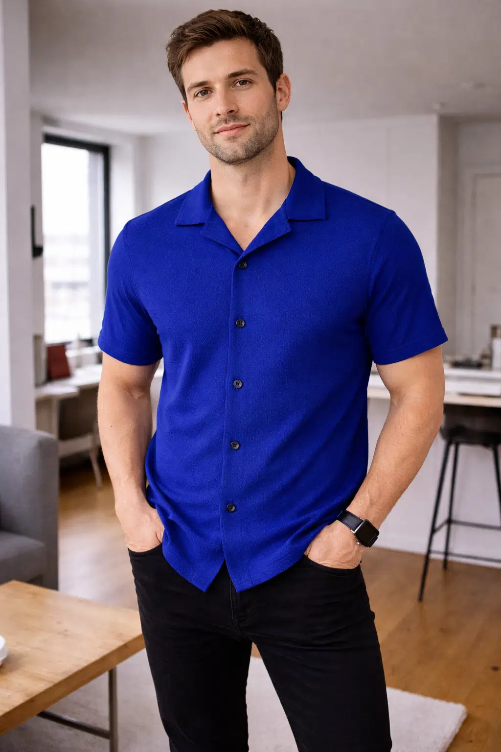 Erkek Kısa Kollu Polo Yaka Düğmeli Gömlek Slim Fit Günlük Triko Üst - Mavi