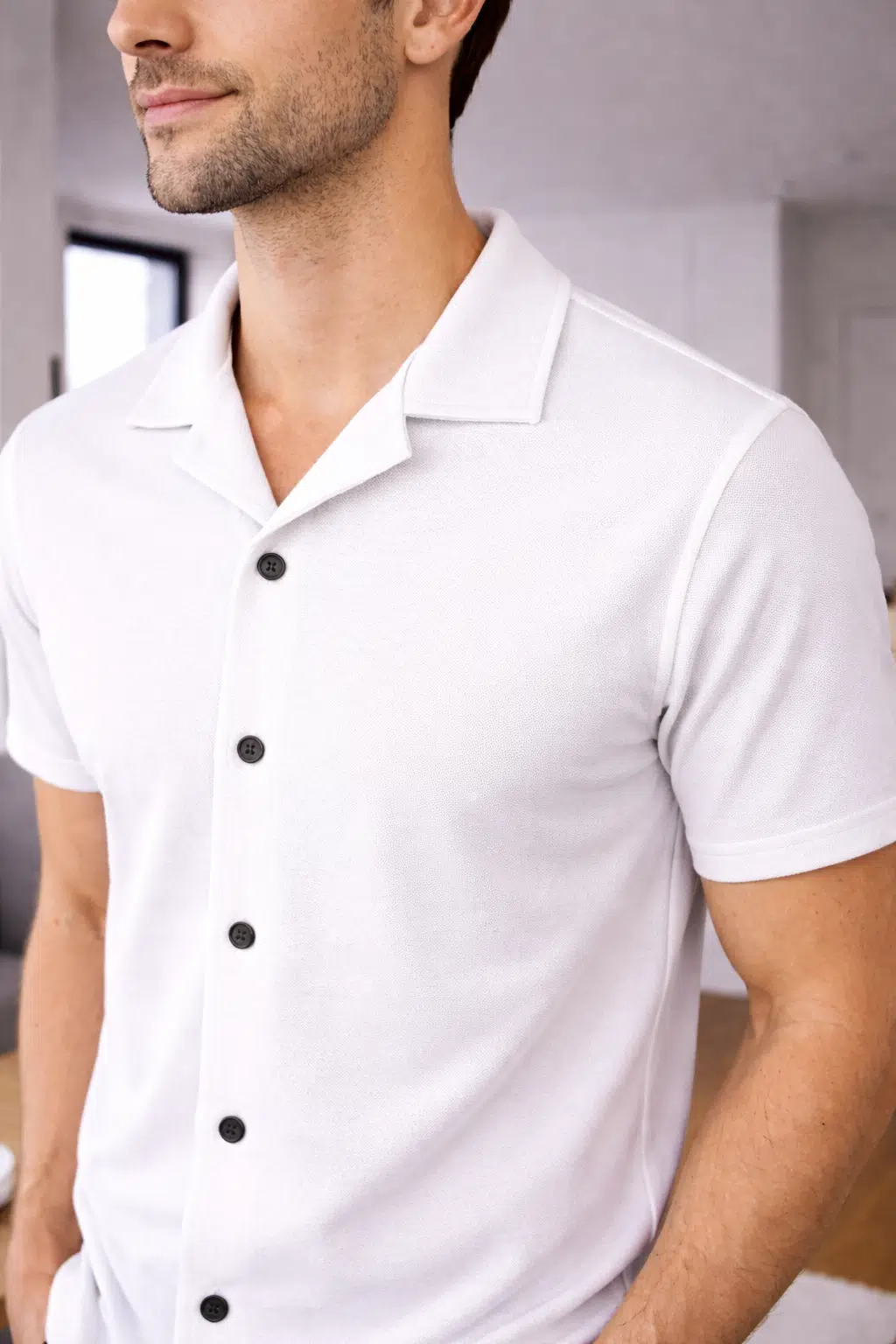 Erkek Kısa Kollu Polo Yaka Düğmeli Gömlek Slim Fit Günlük Triko Üst - Beyaz