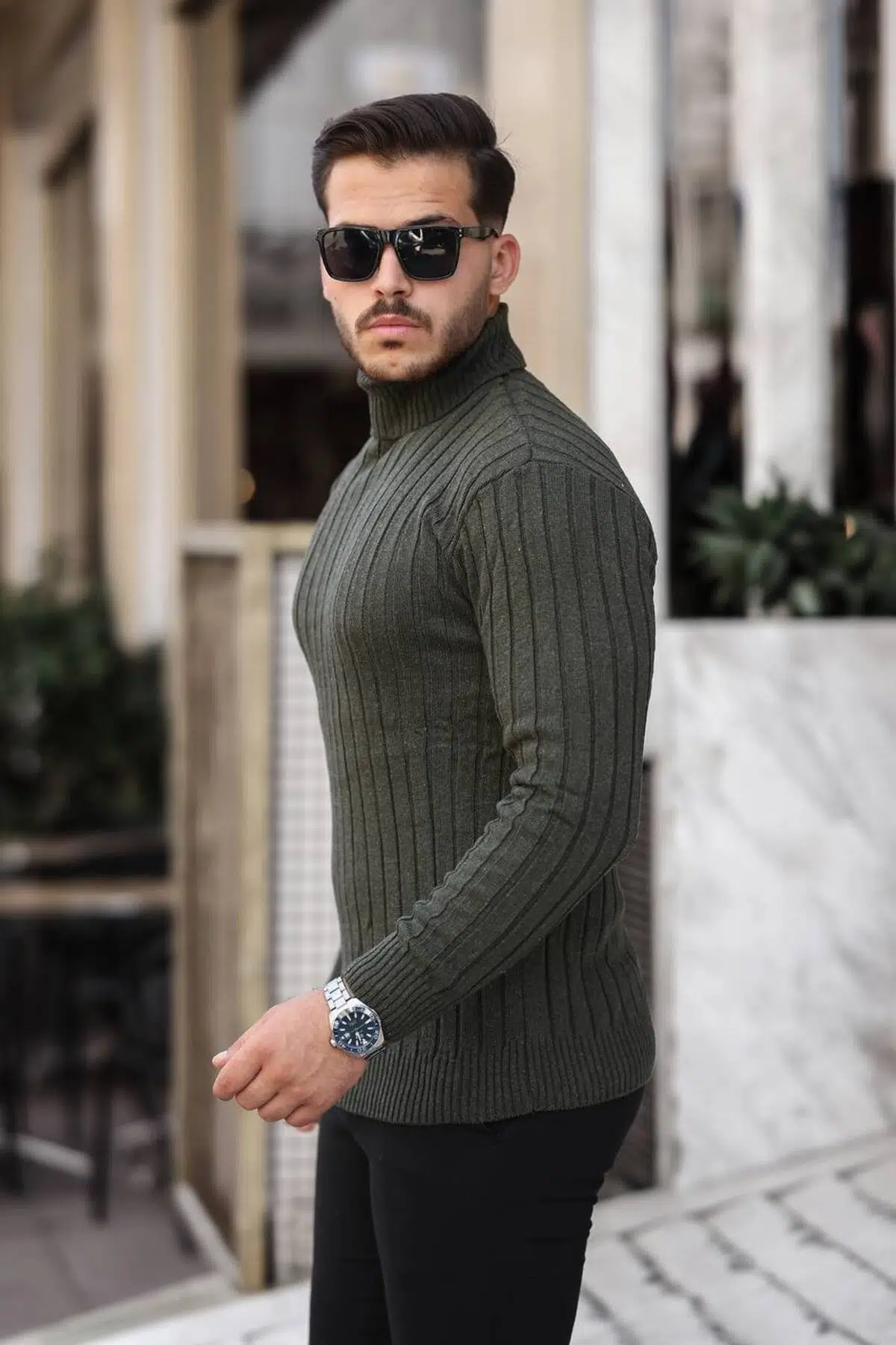 Erkek Slim Fit Dar Kesim Balıkçı Yaka Triko Kazak - Haki