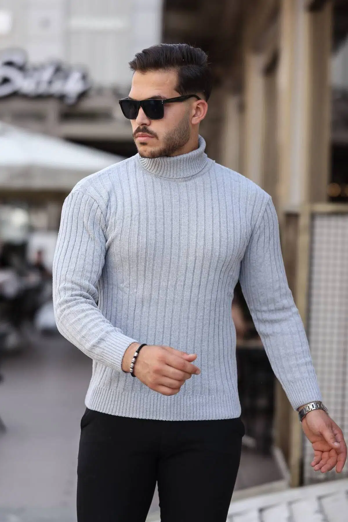 Erkek Slim Fit Dar Kesim Balıkçı Yaka Triko Kazak - Gri