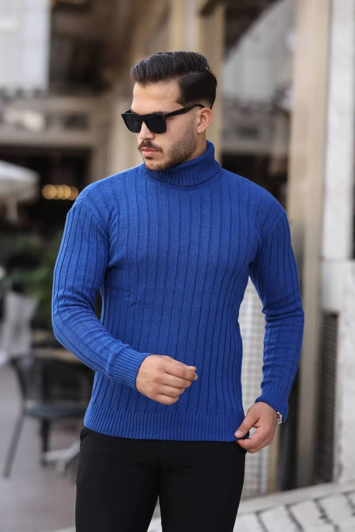 Erkek Slim Fit Dar Kesim Balıkçı Yaka Triko Kazak - Mavi
