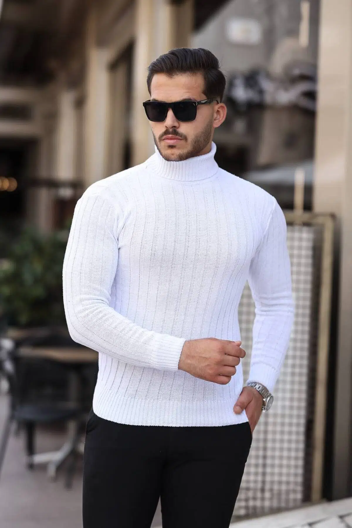 Erkek Slim Fit Dar Kesim Balıkçı Yaka Triko Kazak - Beyaz