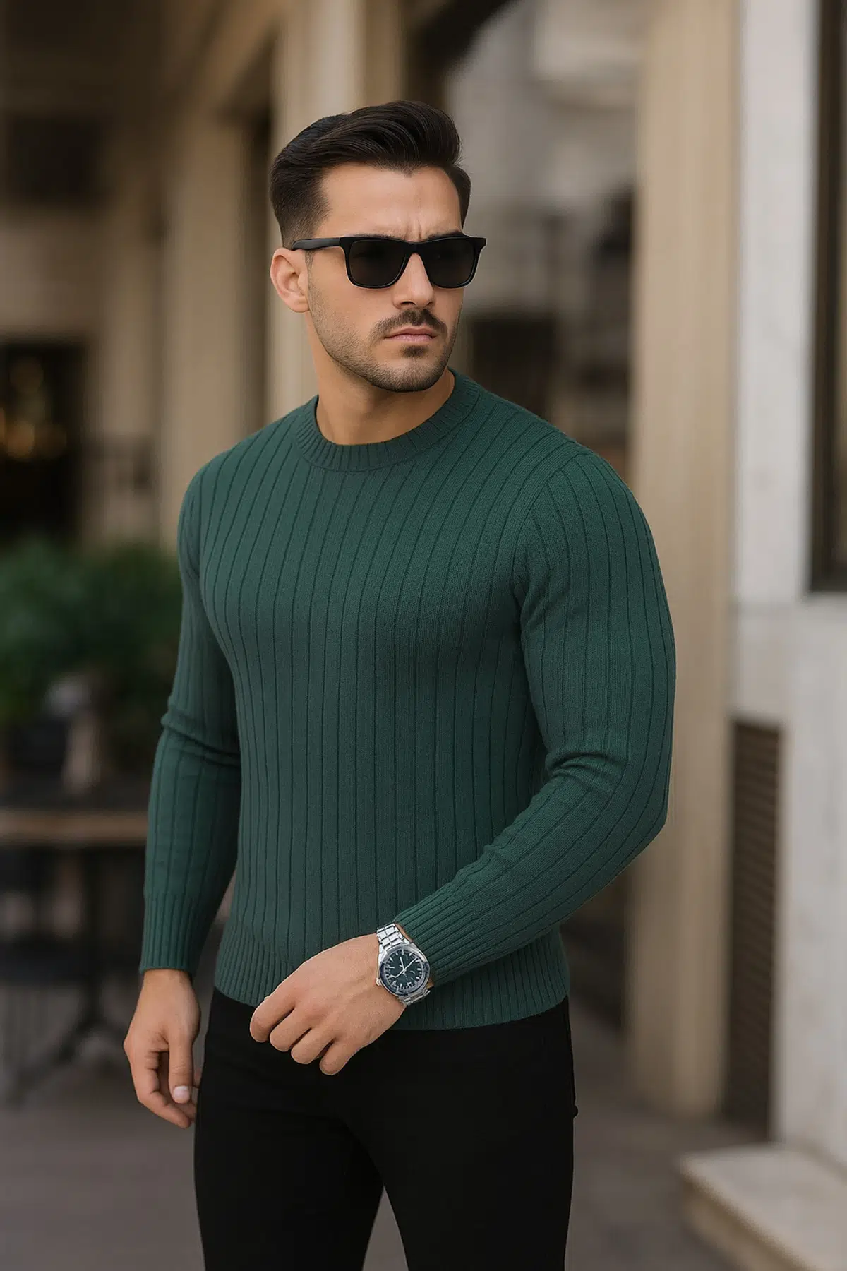 Erkek Slim Fit Dar Kesim Triko Kazak - Yeşil