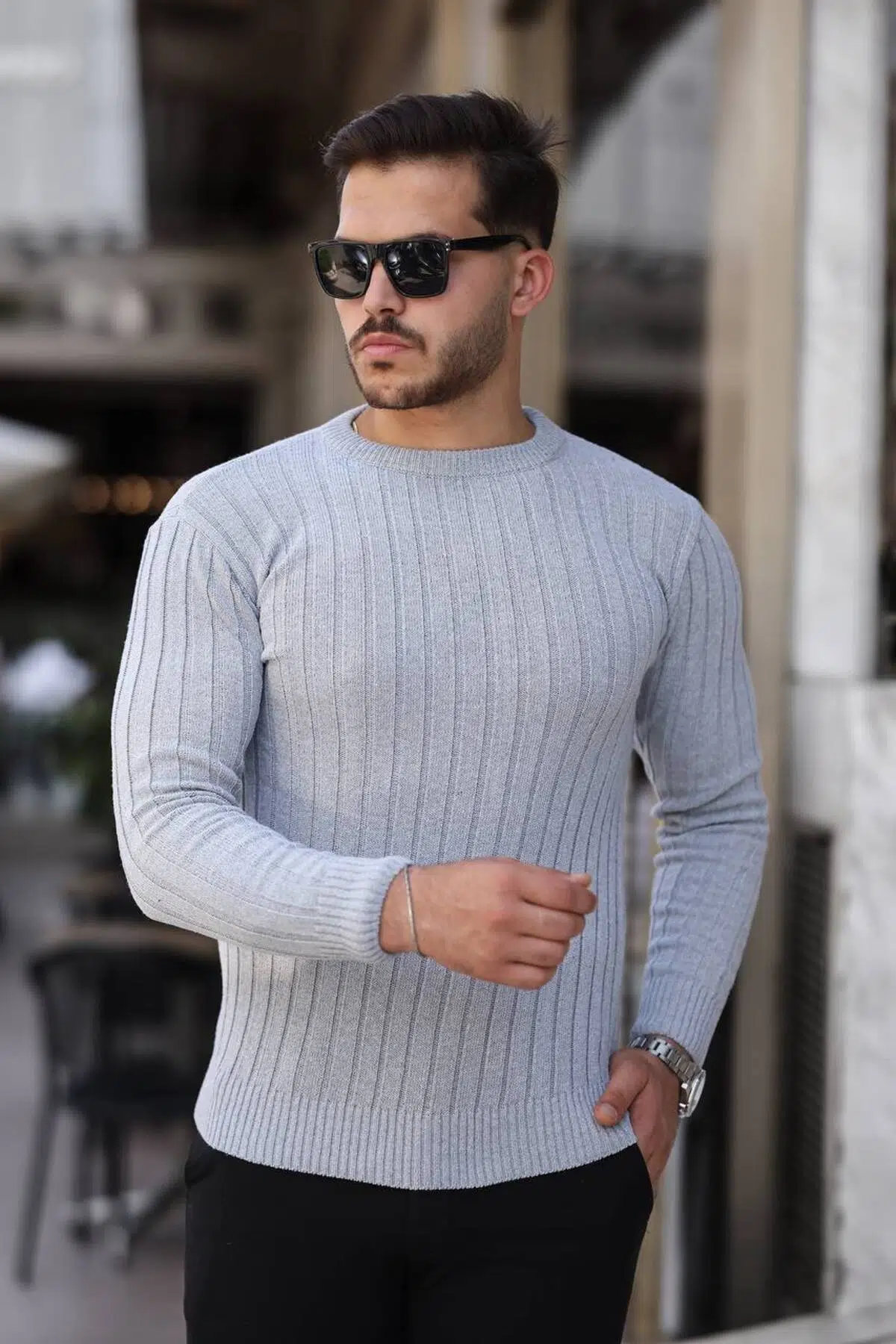 Erkek Slim Fit Dar Kesim Triko Kazak - Gri