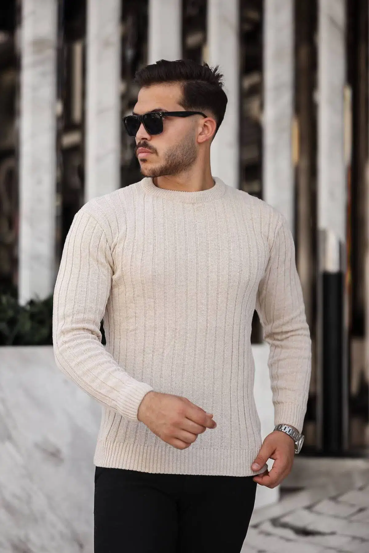Erkek Slim Fit Dar Kesim Triko Kazak - Bej