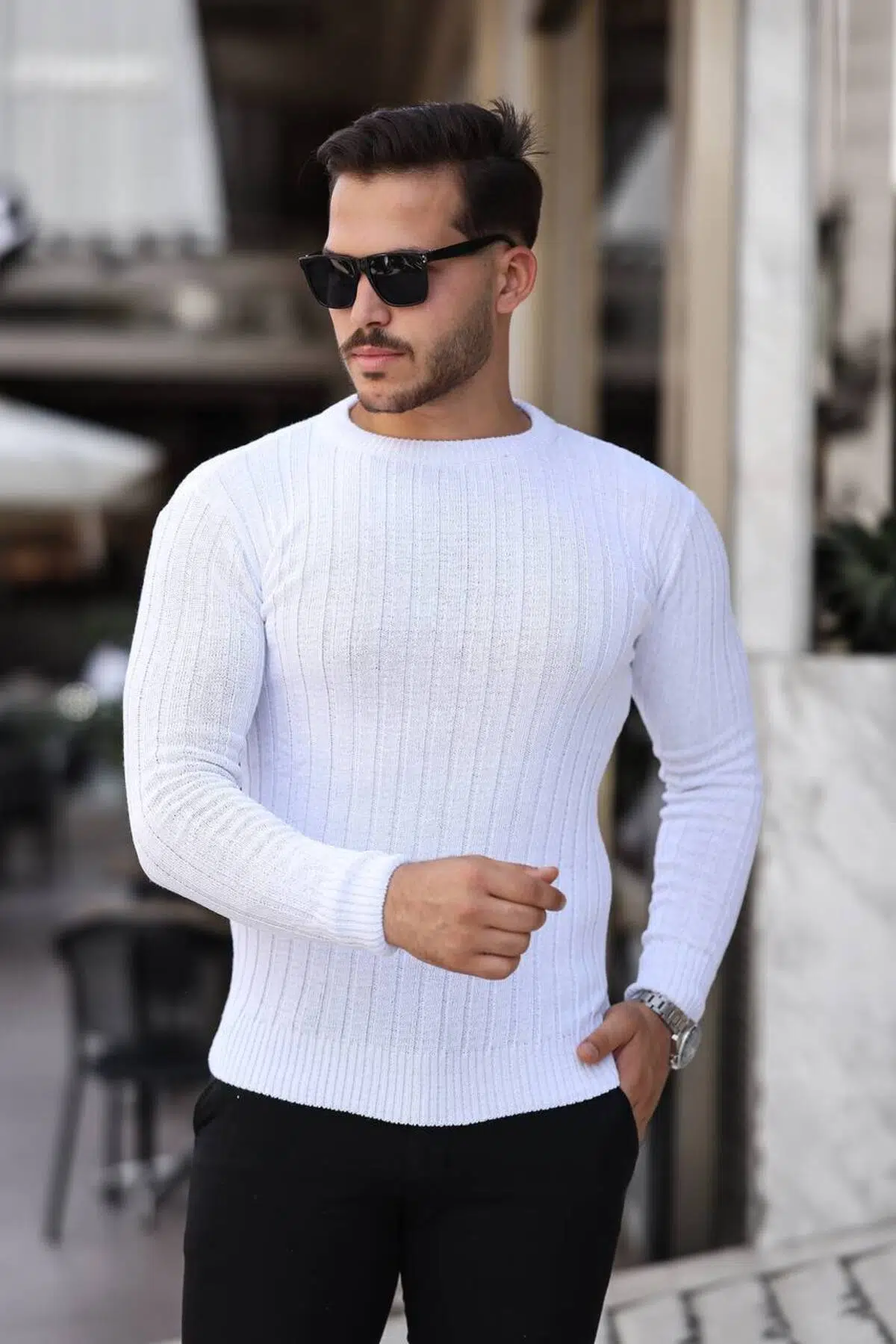 Erkek Slim Fit Dar Kesim Triko Kazak - Beyaz