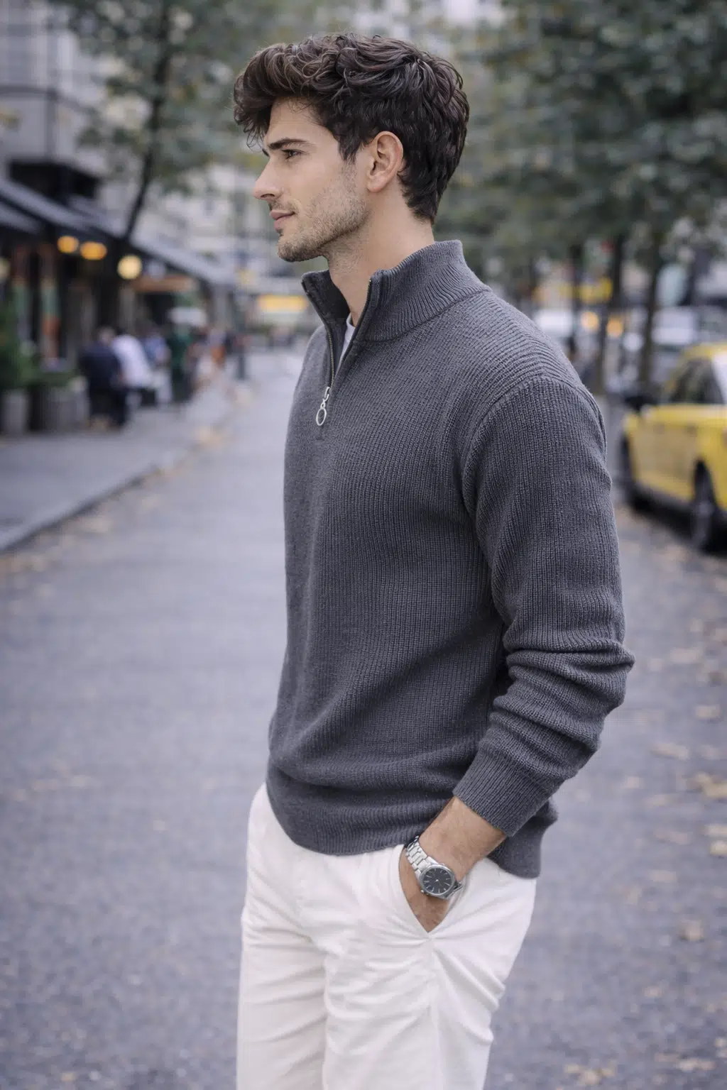 Erkek Slim Fit Dar Kesim Yarım Fermuarlı Dik Yaka Triko Kazak - Gri