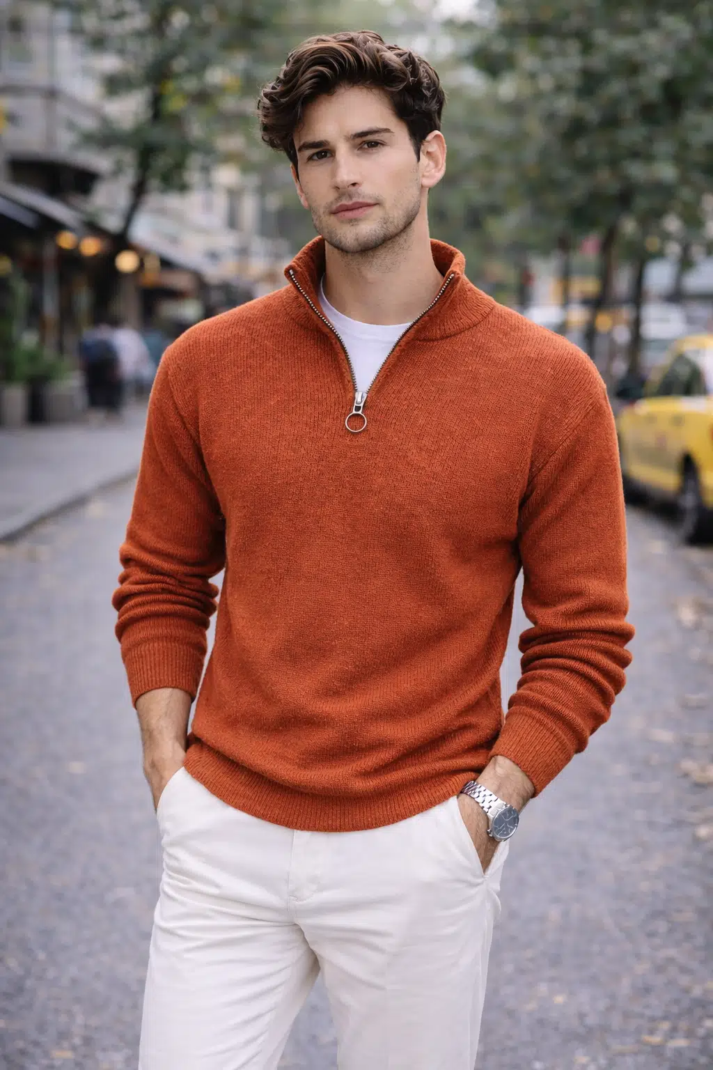Erkek Slim Fit Dar Kesim Yarım Fermuarlı Dik Yaka Triko Kazak - Kahverengi