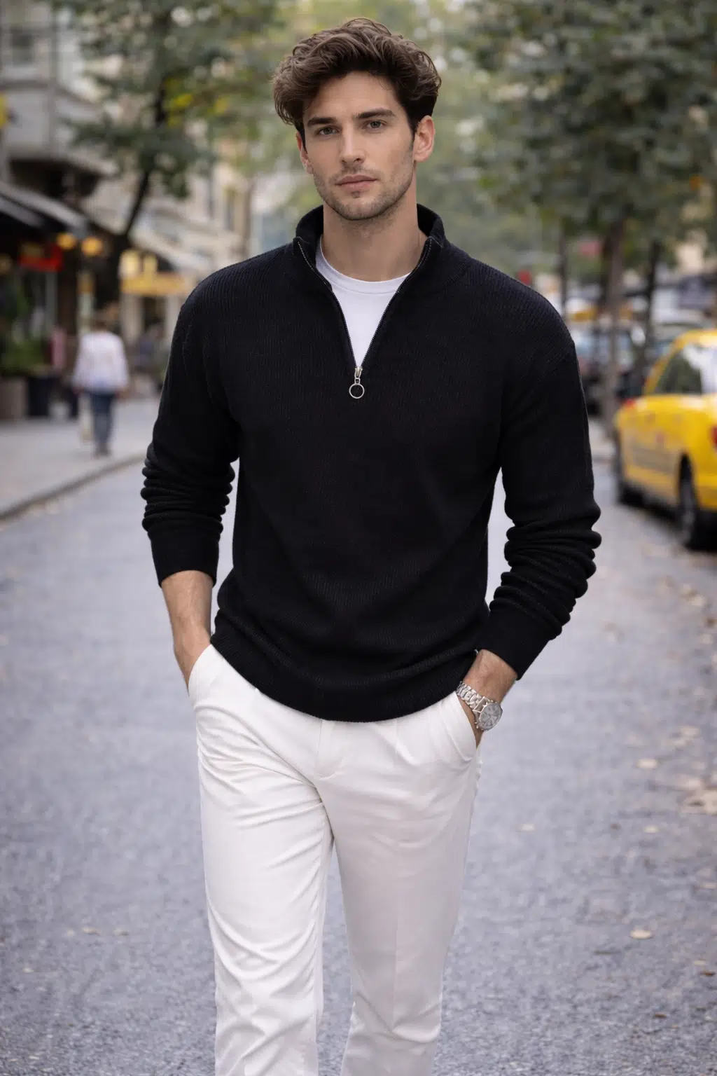 Erkek Slim Fit Dar Kesim Yarım Fermuarlı Dik Yaka Triko Kazak - Siyah