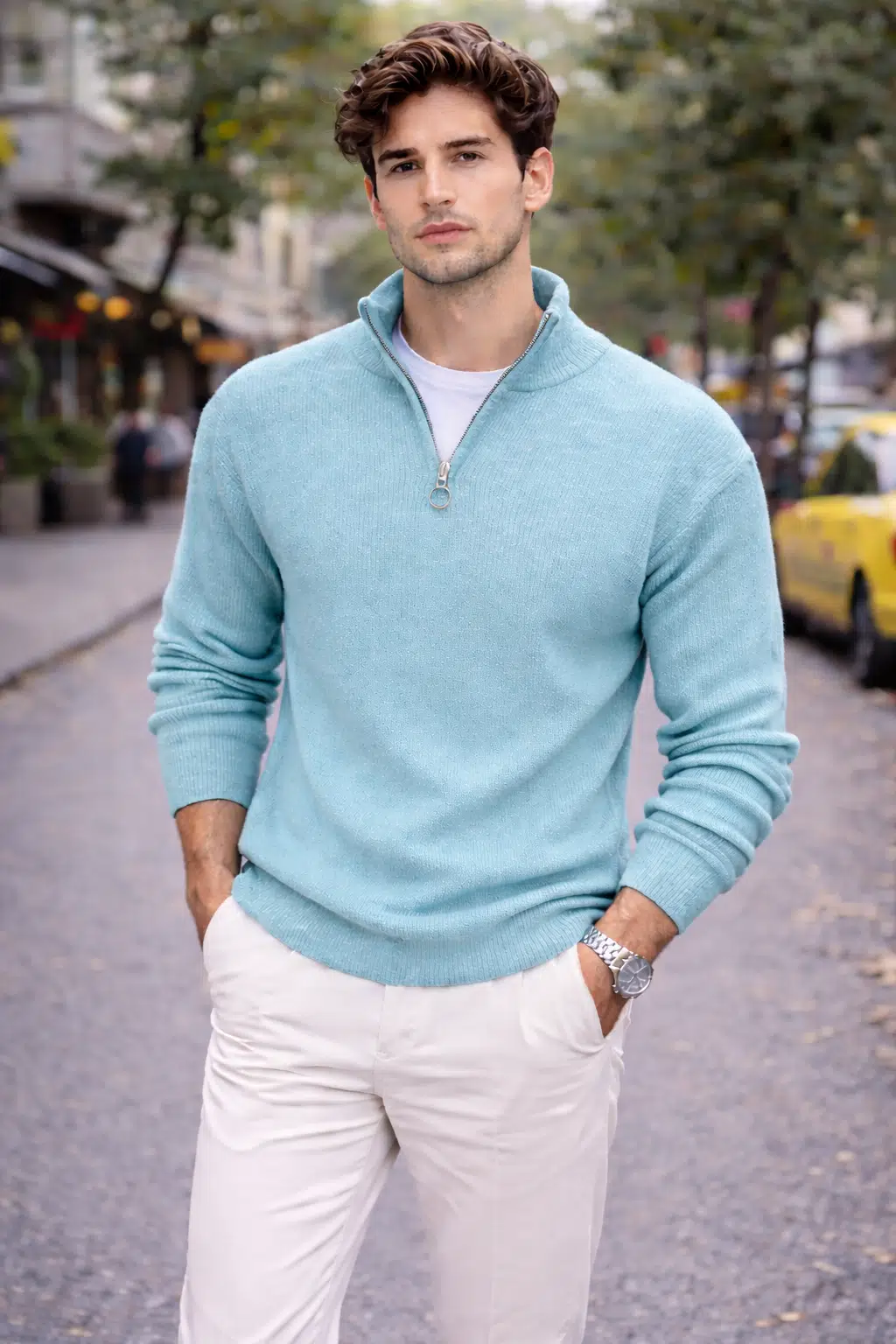 Erkek Slim Fit Dar Kesim Yarım Fermuarlı Dik Yaka Triko Kazak - Mavi