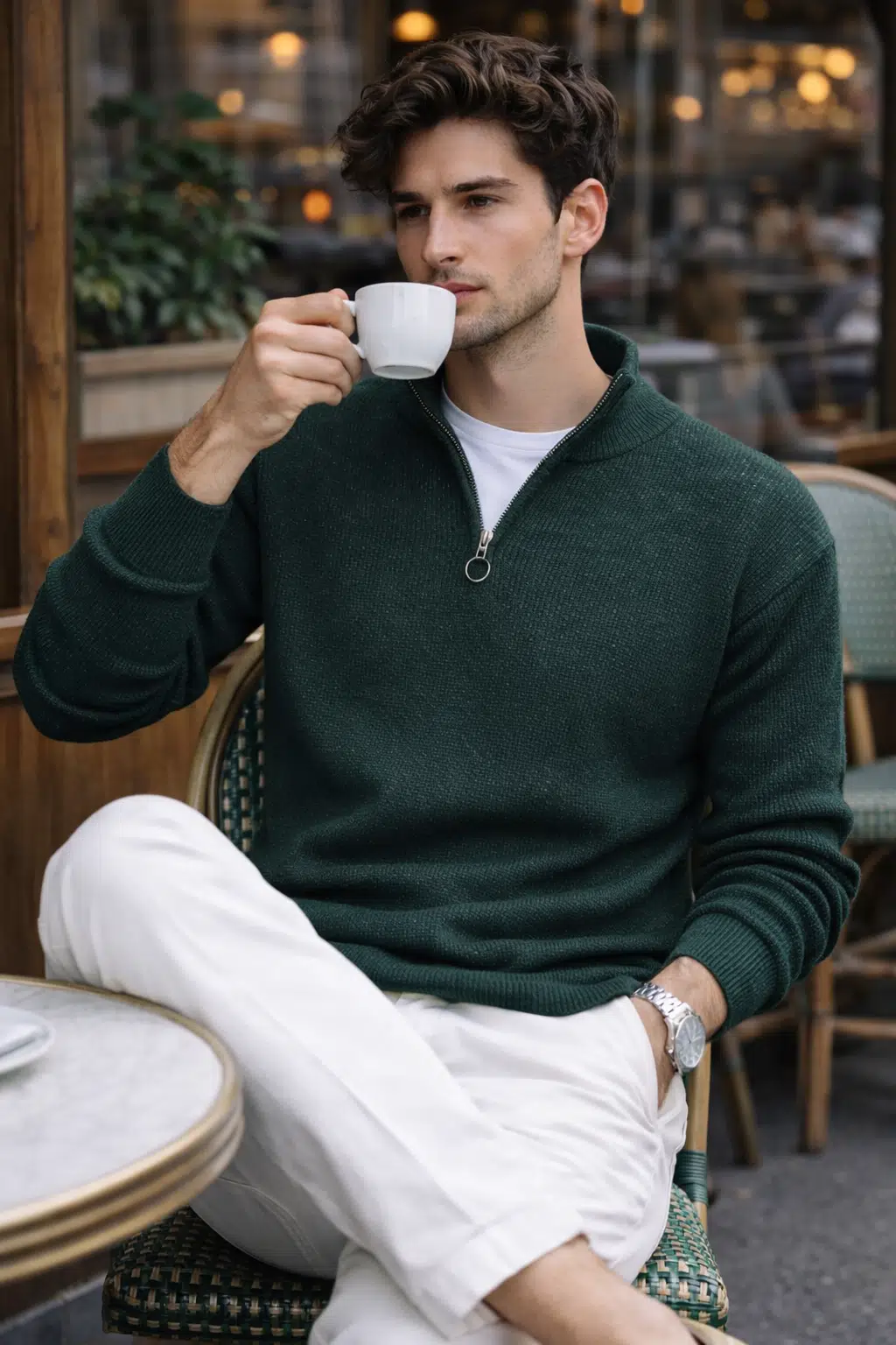 Erkek Slim Fit Dar Kesim Yarım Fermuarlı Dik Yaka Triko Kazak - Yeşil