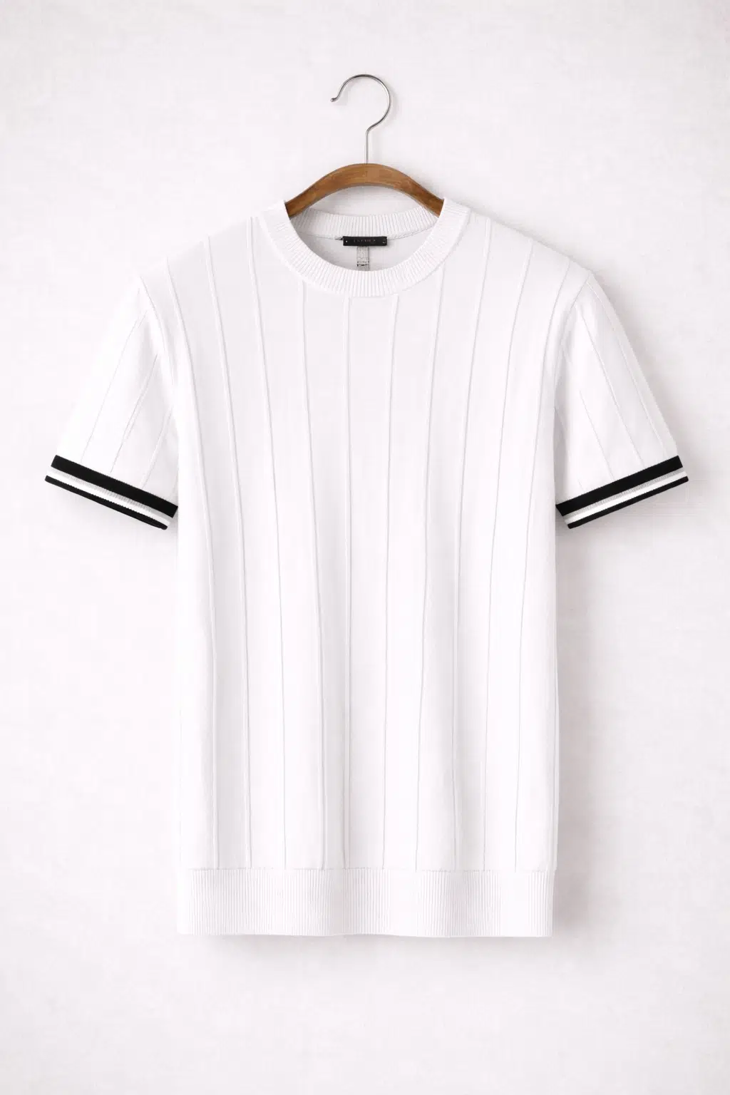 Erkek Slim Fit Triko T-Shirt | Fitilli Doku | Şerit Detaylı Kısa Kol - Beyaz