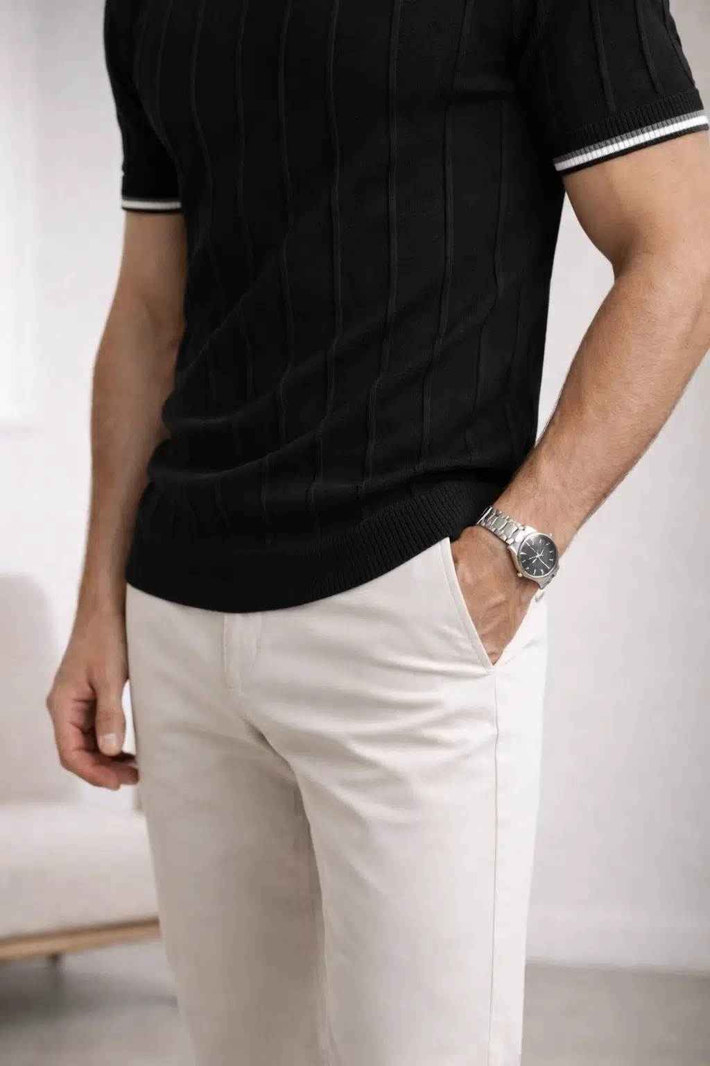 Erkek Slim Fit Triko T-Shirt | Fitilli Doku | Şerit Detaylı Kısa Kol - Siyah