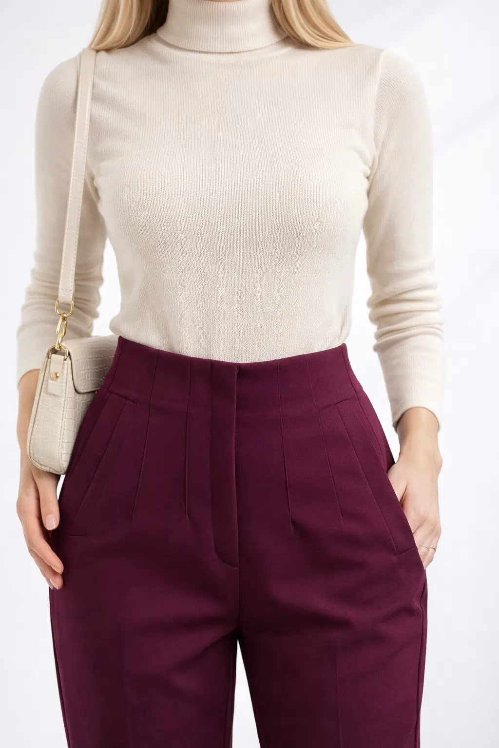 Fermurarlı Yüksek Bel Dar Paça Carrot Fit Kumaş Pantolon - Bordo