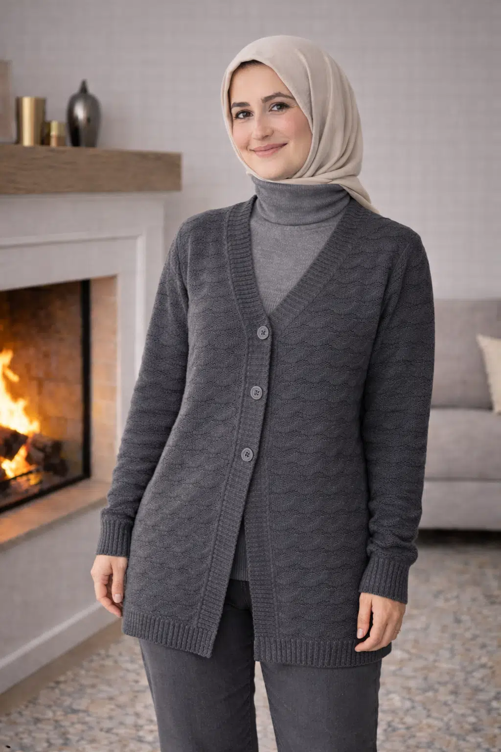 Kadın Düğmeli Triko Hırka Günlük Rahat Kesim - Gri
