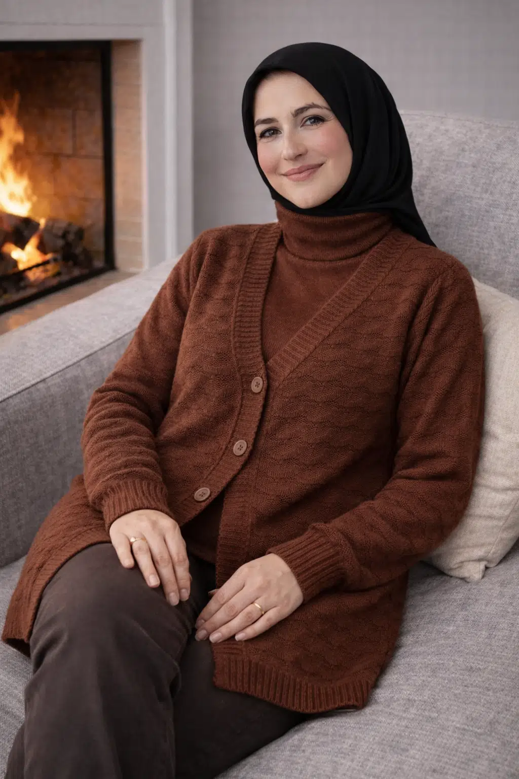 Kadın Düğmeli Triko Hırka Günlük Rahat Kesim - Kahverengi