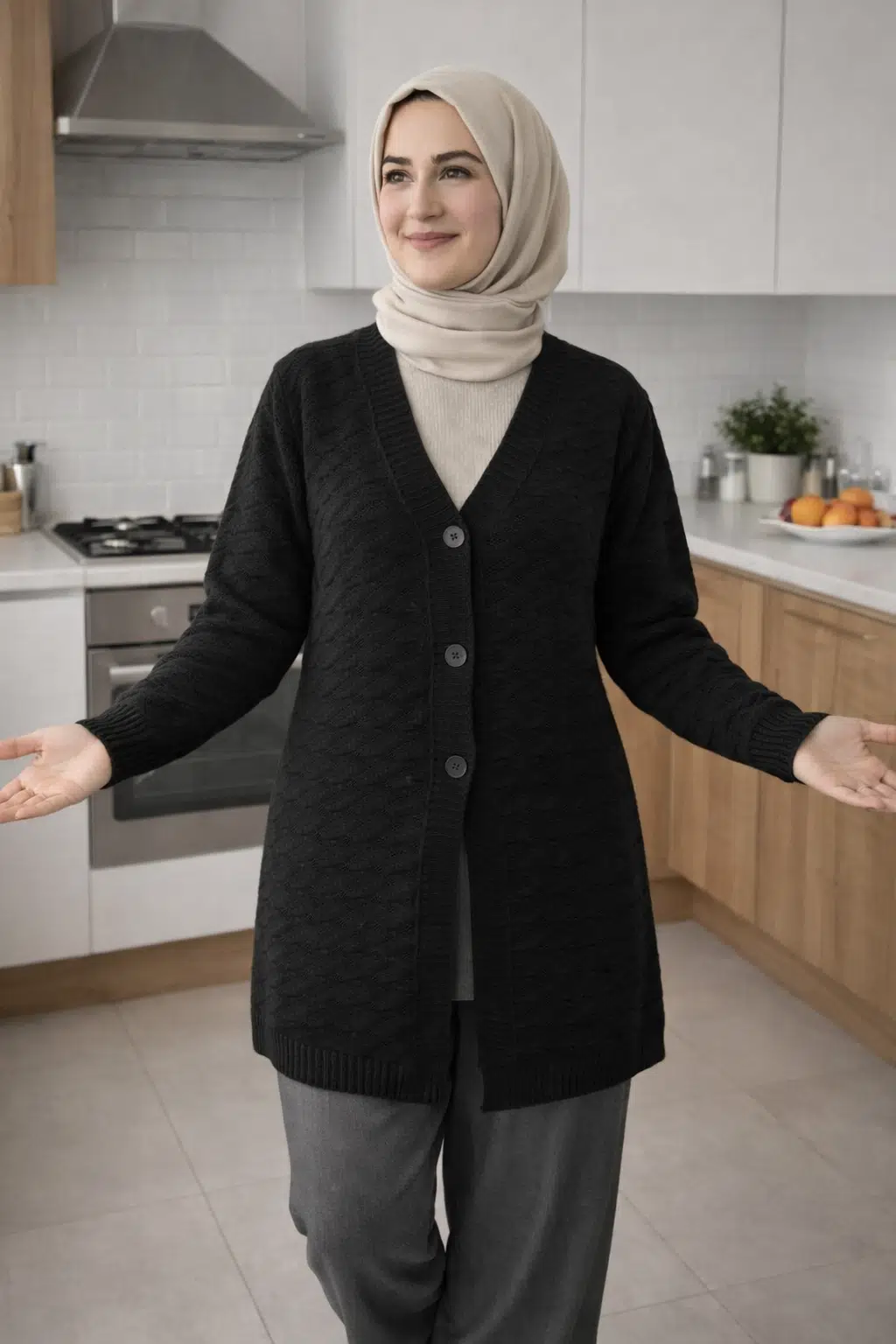 Kadın Düğmeli Triko Hırka Günlük Rahat Kesim - Siyah