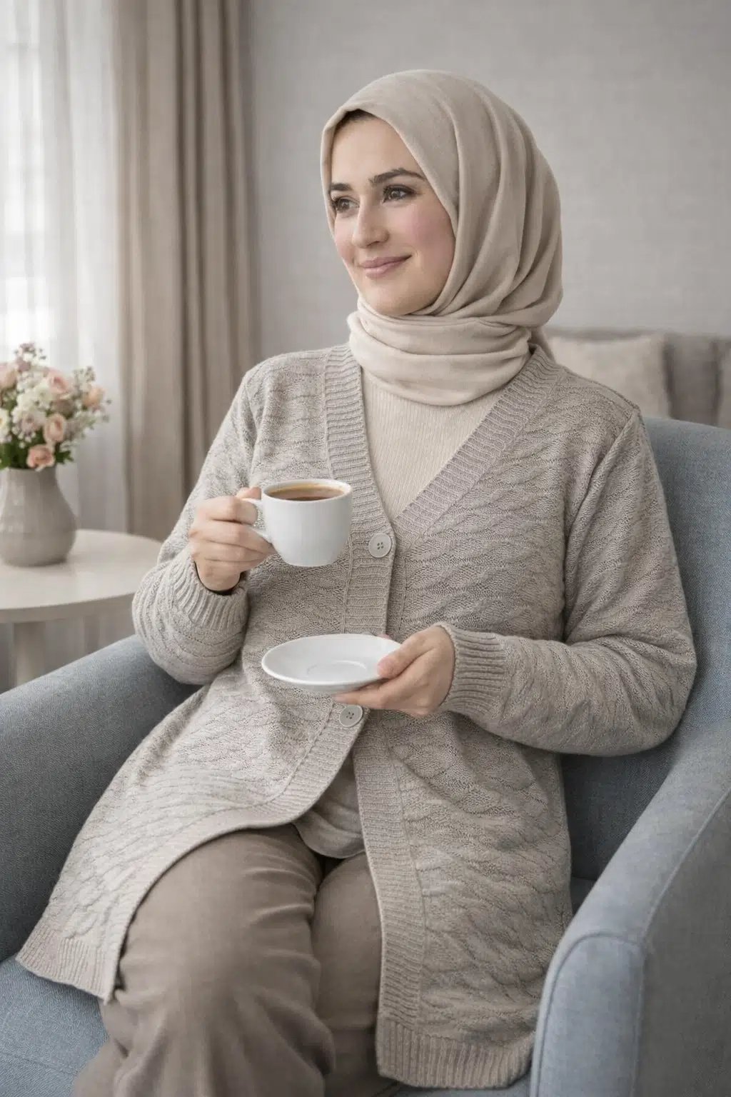 Kadın Düğmeli Triko Hırka Günlük Rahat Kesim - Bej