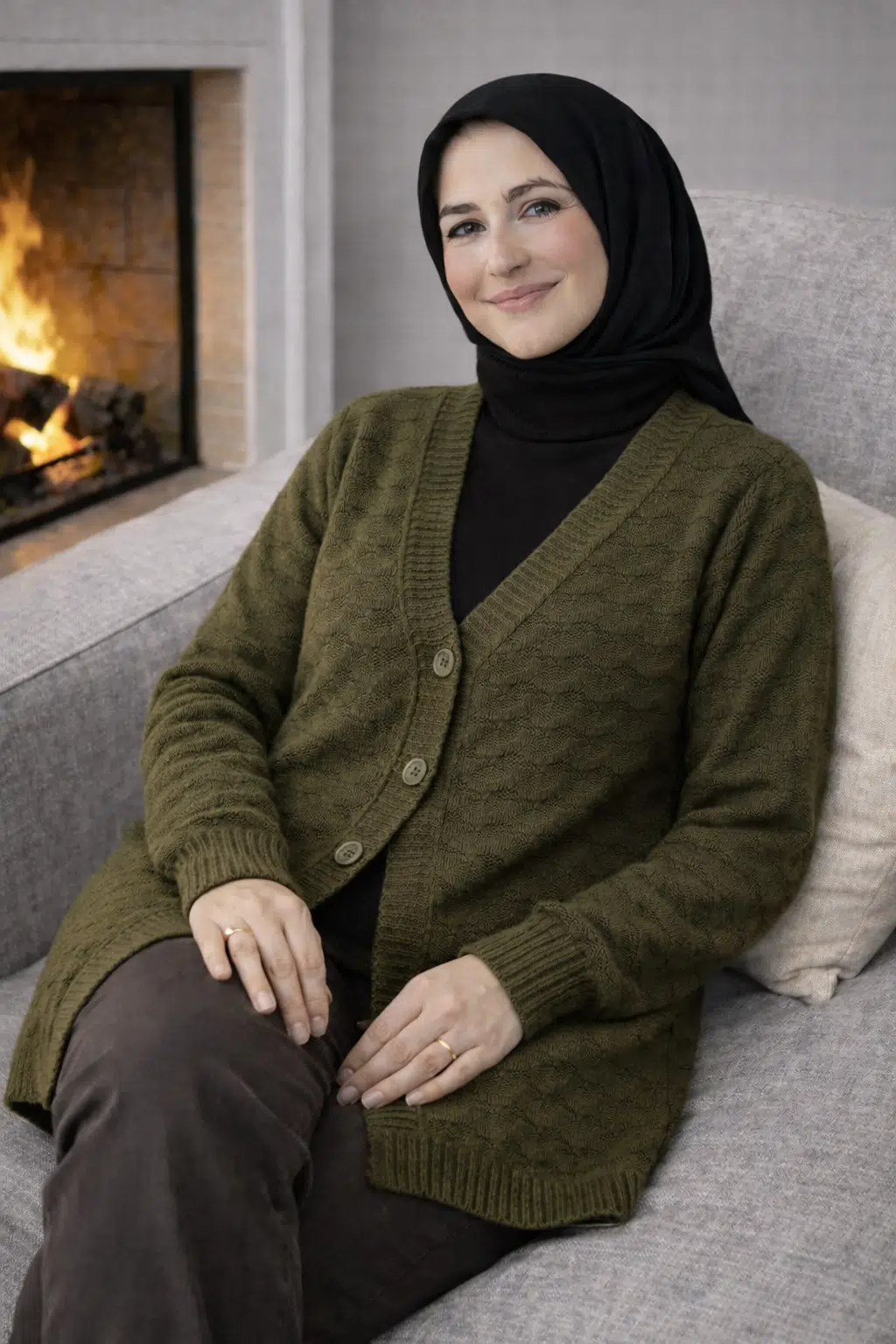 Kadın Düğmeli Triko Hırka Günlük Rahat Kesim - Yeşil