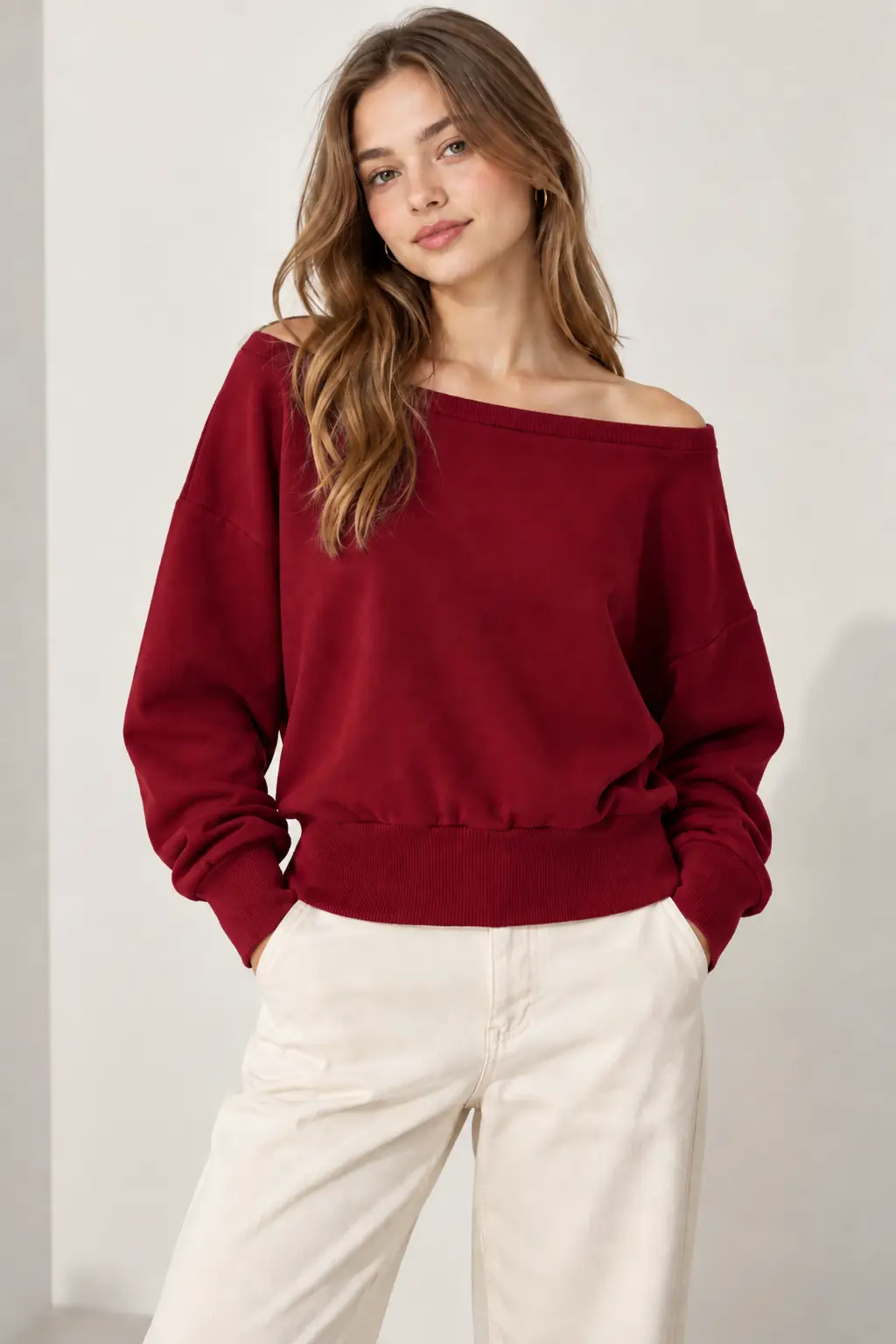 Kadın Kayık Yaka Crop Sweatshirt Geniş Yaka Kaşkorse Bel ve Kol Lastikli Uzun Kollu Sweat - Bordo