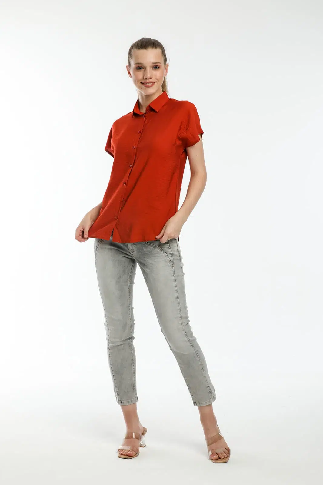 Kadın Slim Fit Likralı Yüksek Bel Jean Pantolon Günlük Rahat Kesim - Gri