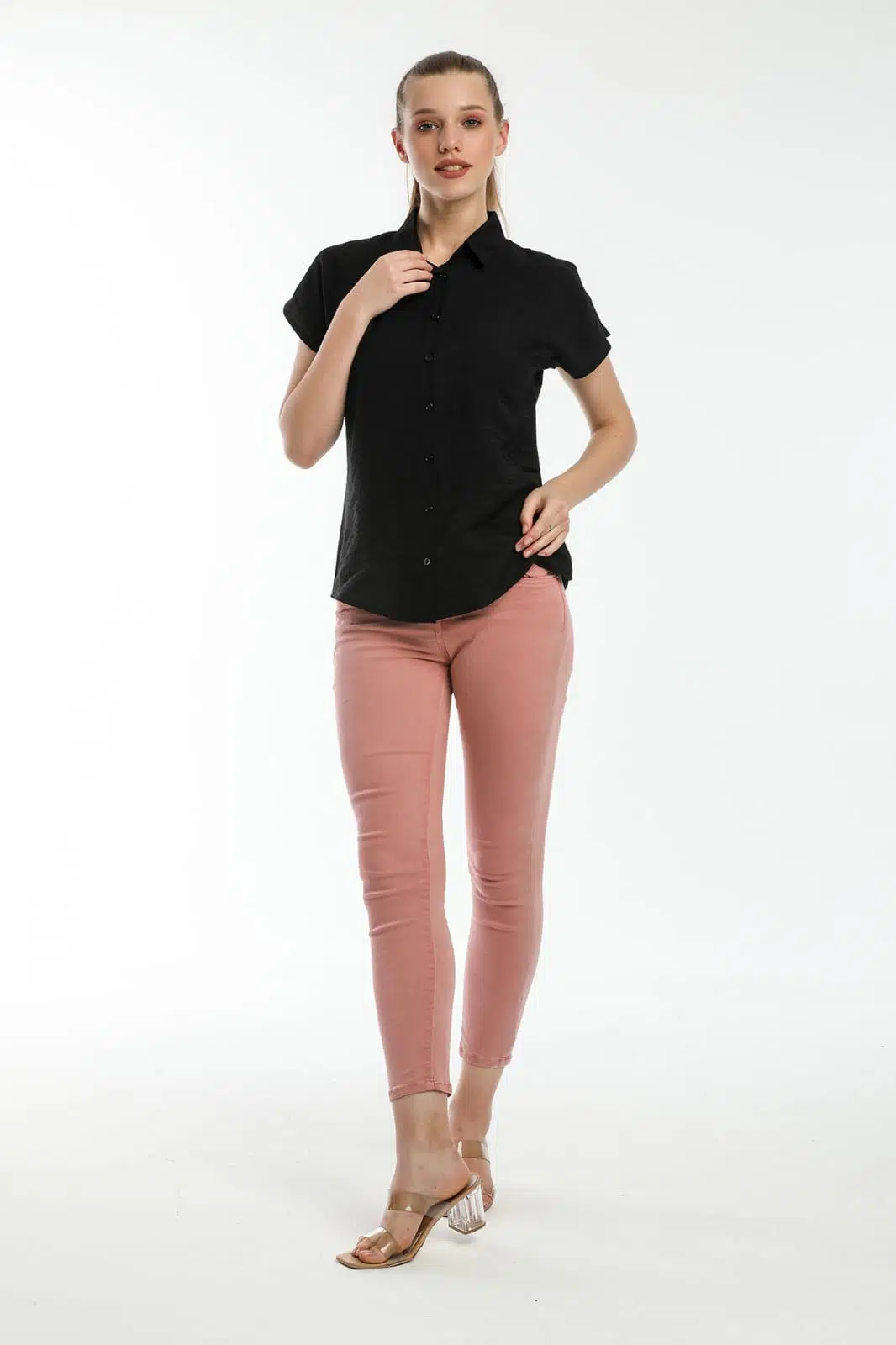 Kadın Slim Fit Likralı Yüksek Bel Jean Pantolon Günlük Rahat Kesim - Pembe