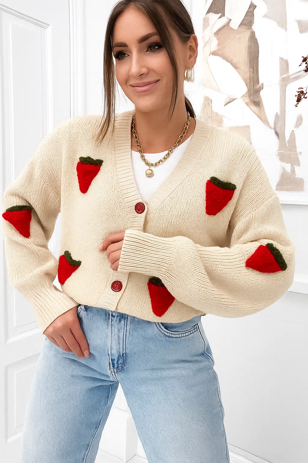 KADIN TRİKO CROP HIRKA ÇİLEK DESENLİ - Bej