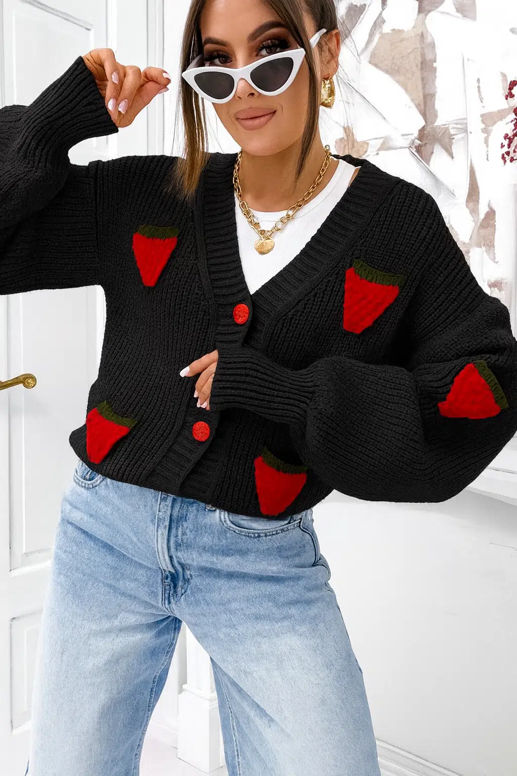 KADIN TRİKO CROP HIRKA ÇİLEK DESENLİ - Siyah