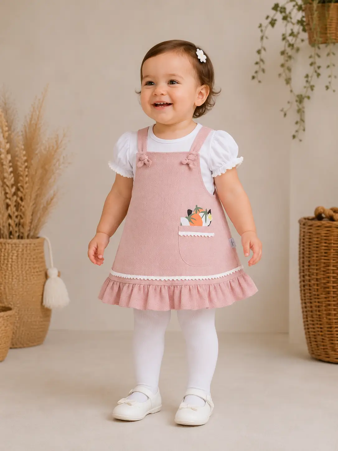 Kız Bebek Salopet Elbise Takım Cepli Fırfırlı 2'li Takım Beyaz Bluzlu - Pembe