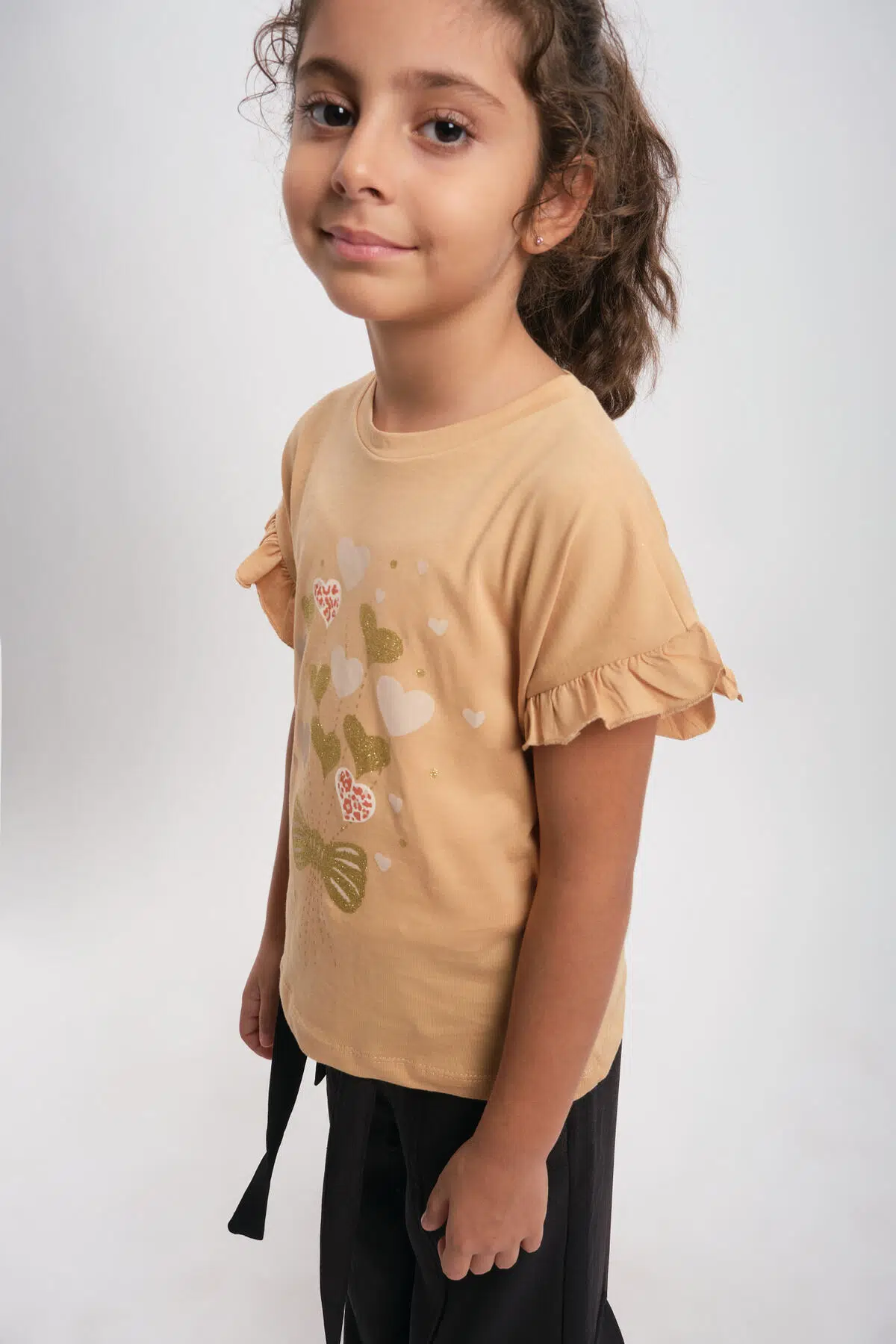 Kolu Fırfırlı Kız Çocuk T-shirt - Bej