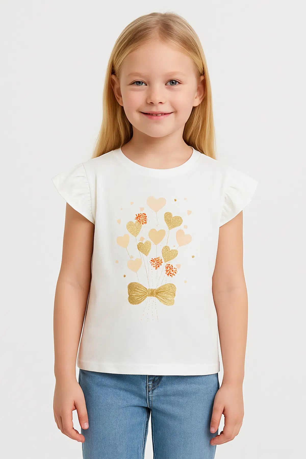 Kolu Fırfırlı Kız Çocuk T-shirt - Ekru