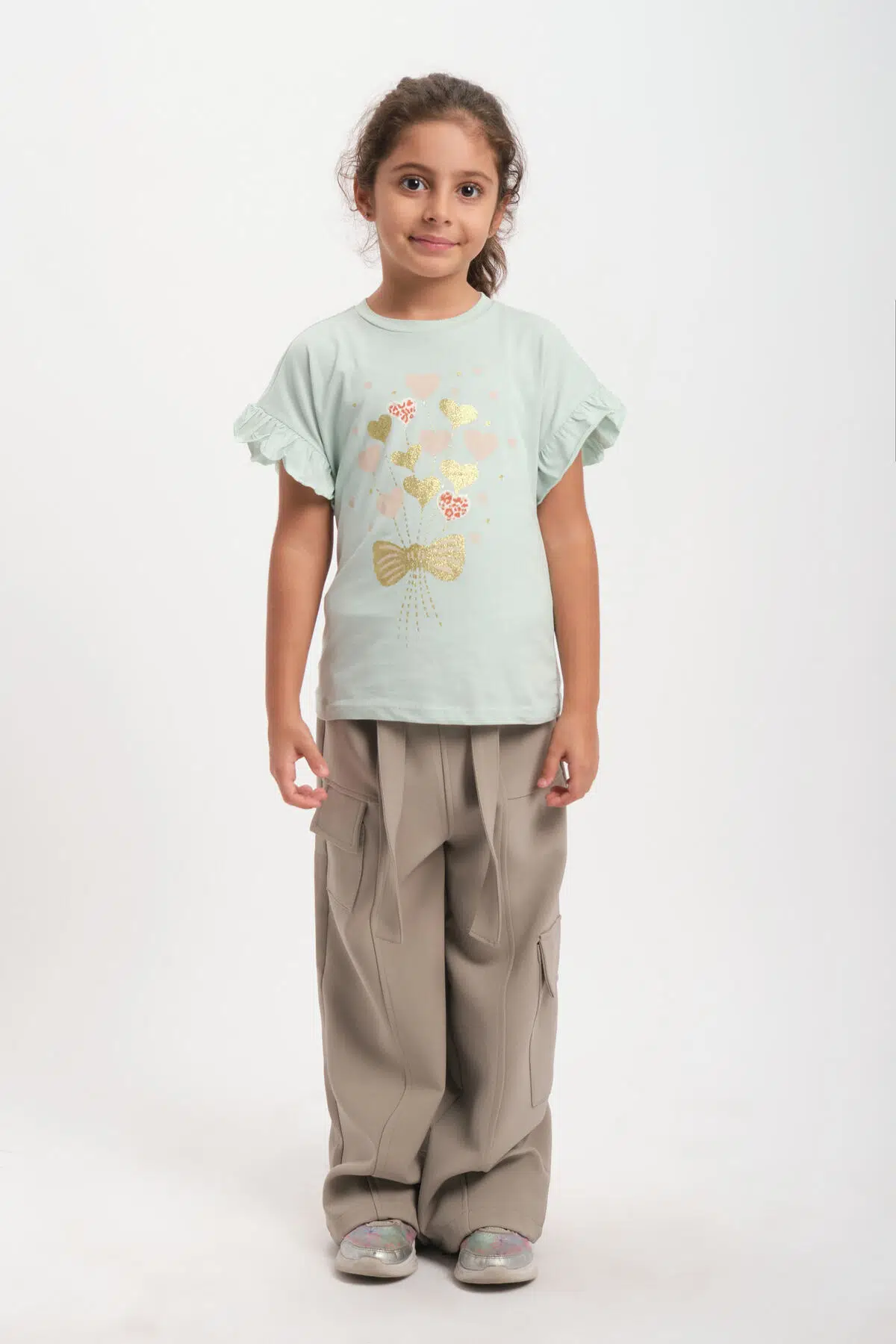 Kolu Fırfırlı Kız Çocuk T-shirt - Yeşil