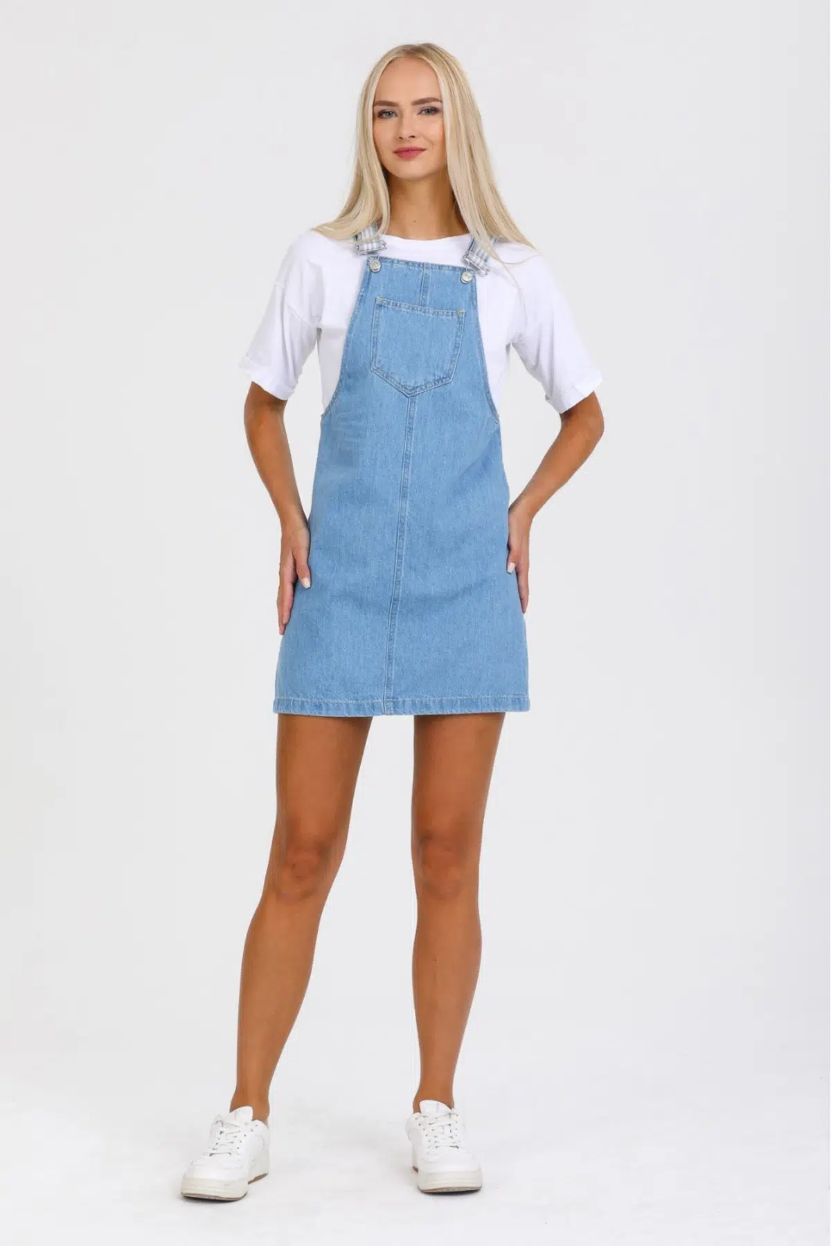 Mavi Askılı Mini Jean Cepli Salopet Kadın Elbise